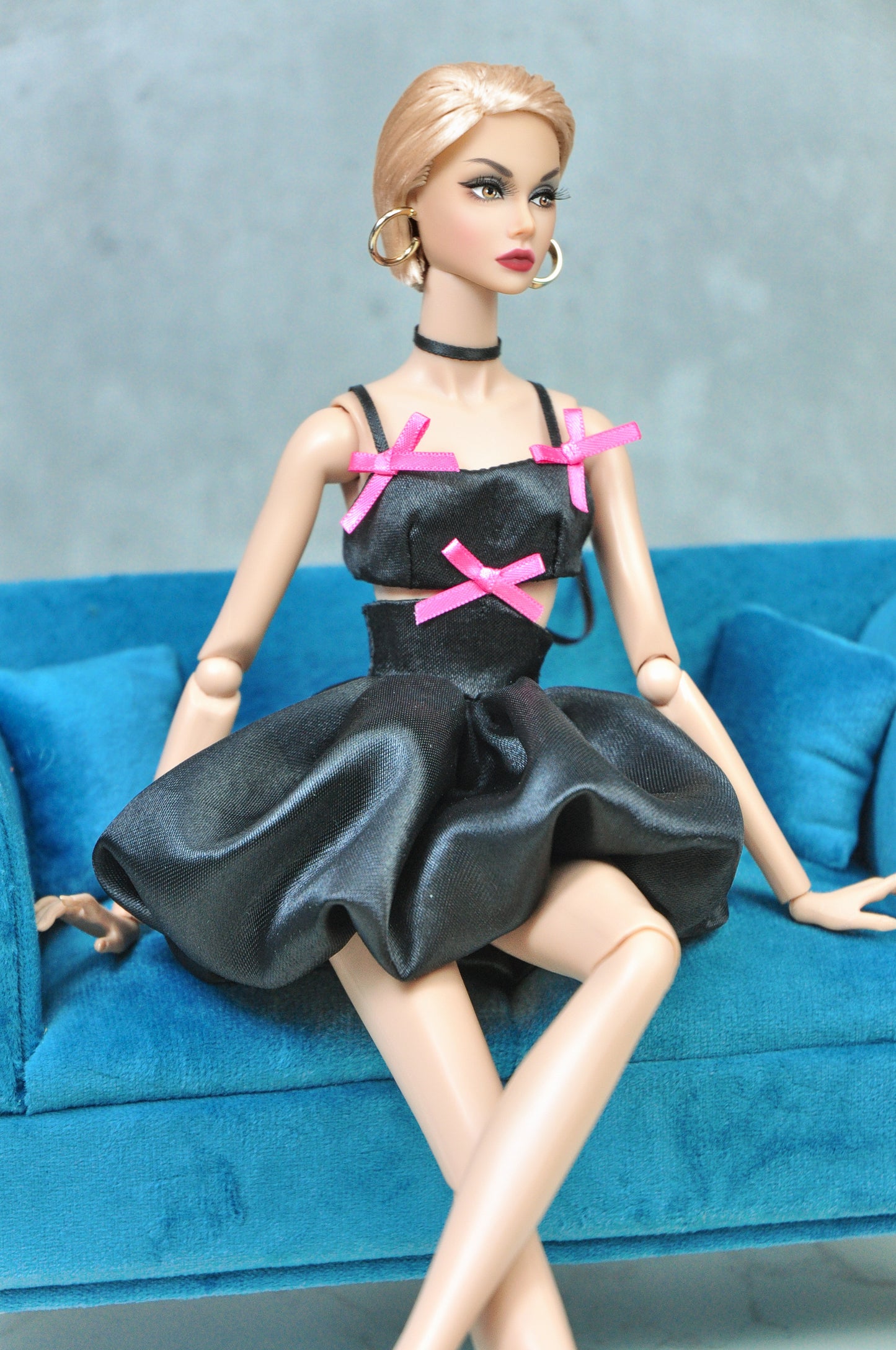 LOLITA | Black backless pumpkin dress with pink ribbon bows embellished for Fashion Royalty doll and NU FACE