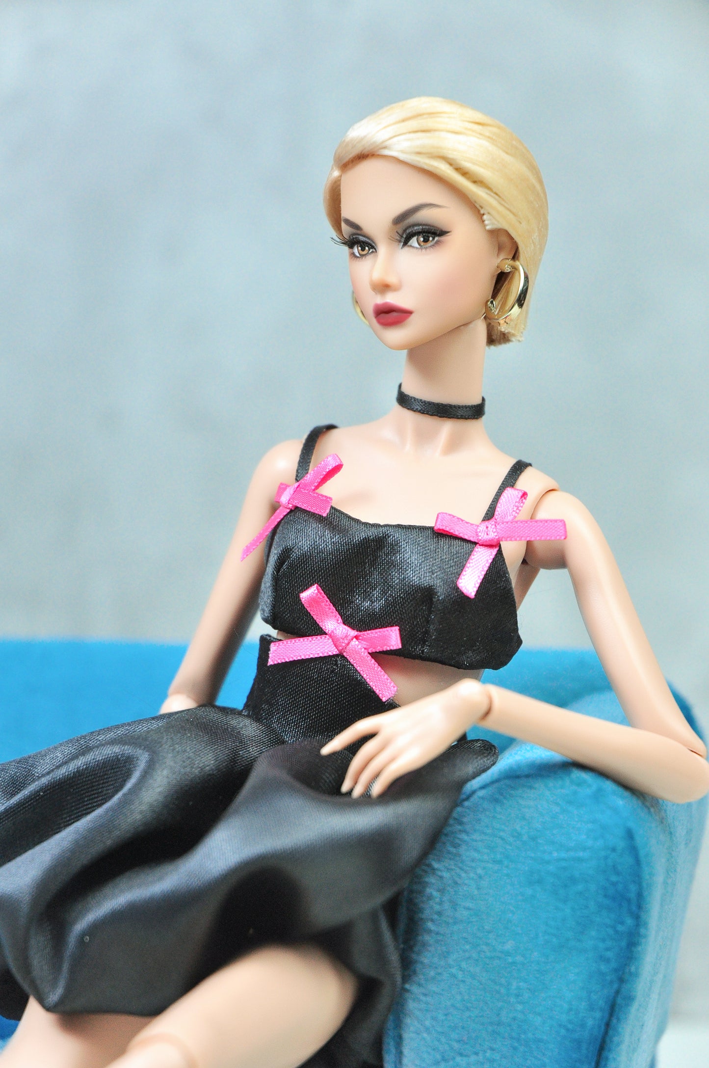 LOLITA | Black backless pumpkin dress with pink ribbon bows embellished for Fashion Royalty doll and NU FACE