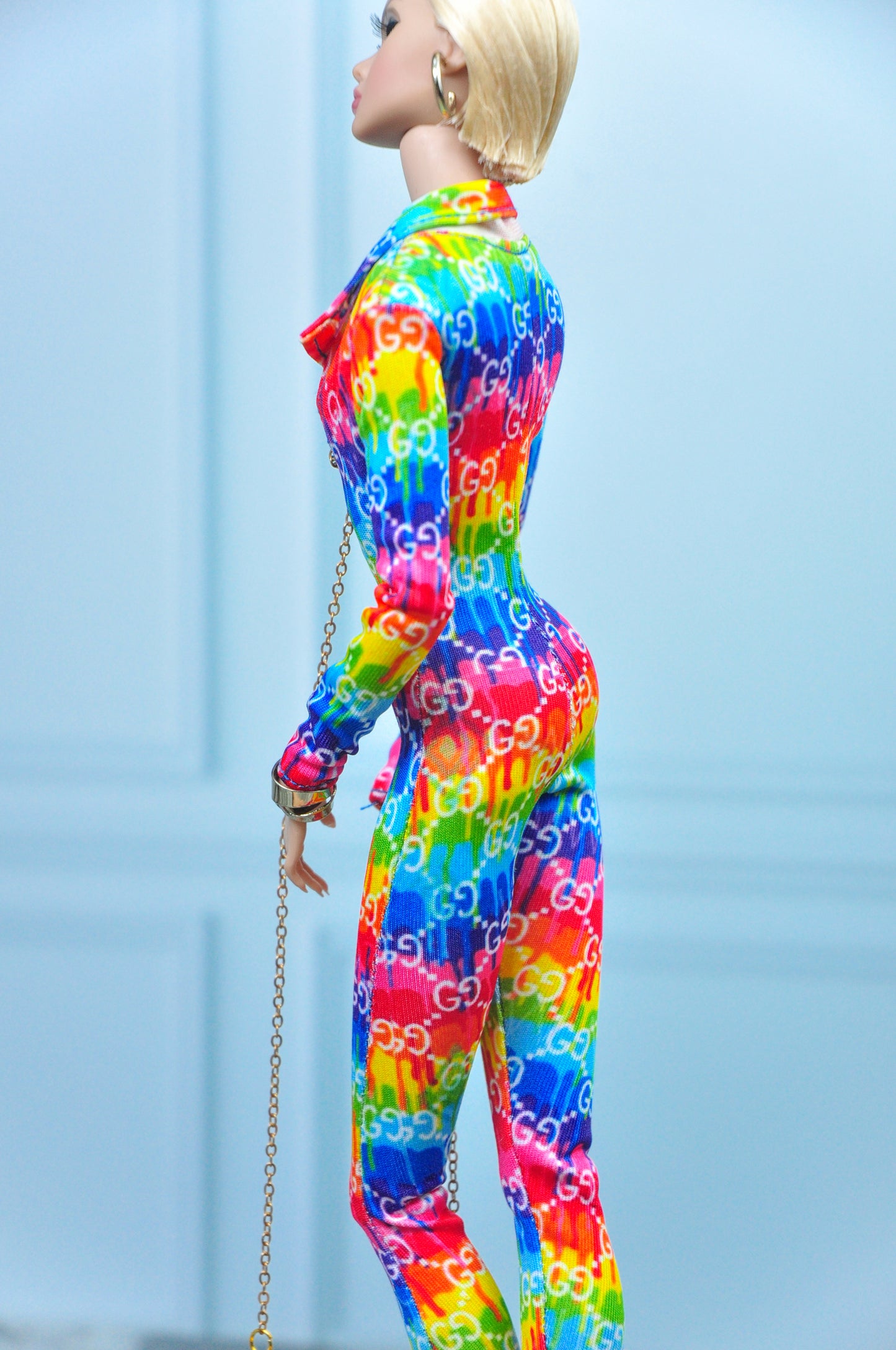 G*CCI VIBE Jumpsuit in rainbow color slip on for Fashion Royalty NU FACE Poppy Parker 6.0