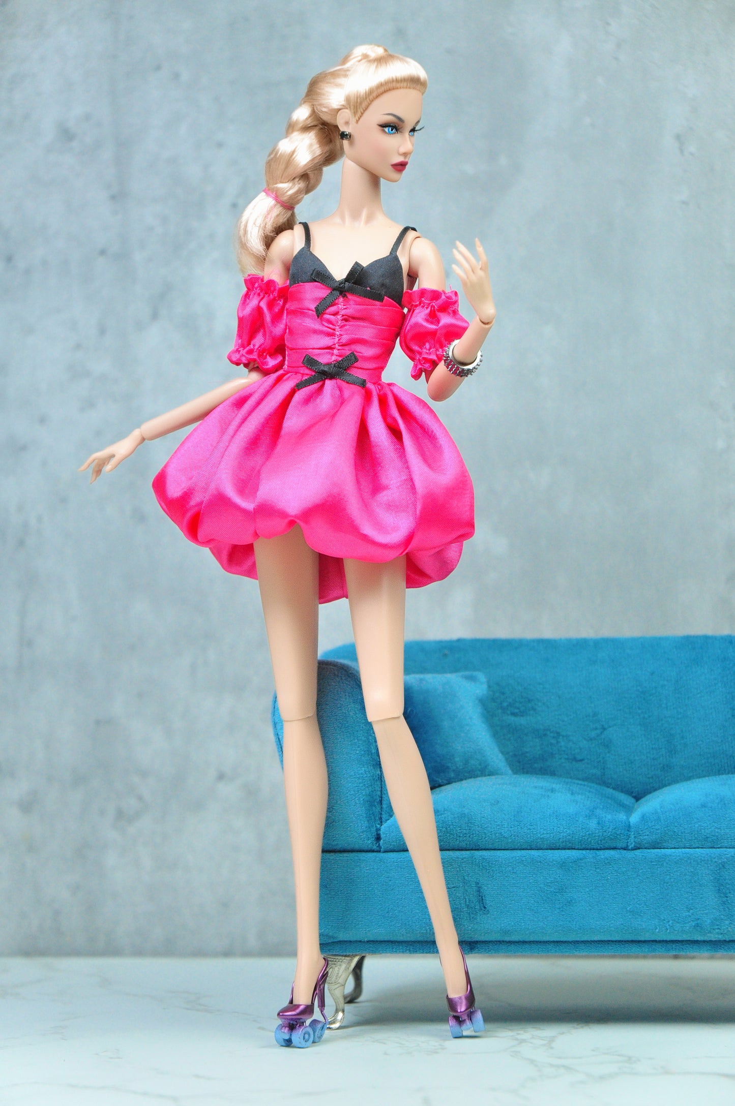 LOLITA | Magenta & black pink ruched bodice dress for Fashion Royalty doll and NU FACE