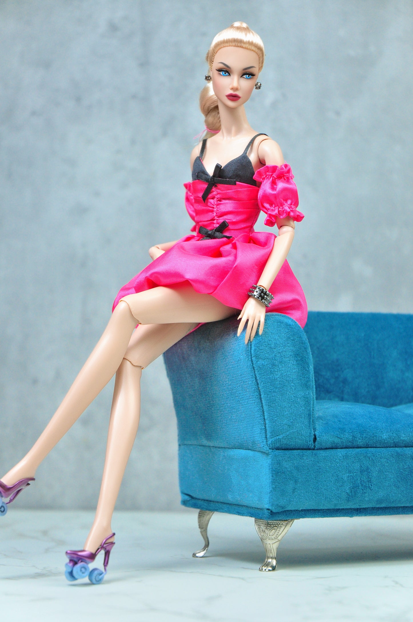 LOLITA | Magenta & black pink ruched bodice dress for Fashion Royalty doll and NU FACE