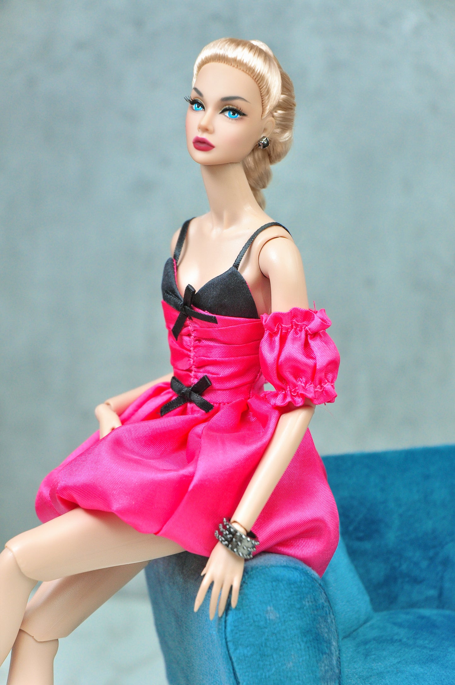 LOLITA | Magenta & black pink ruched bodice dress for Fashion Royalty doll and NU FACE