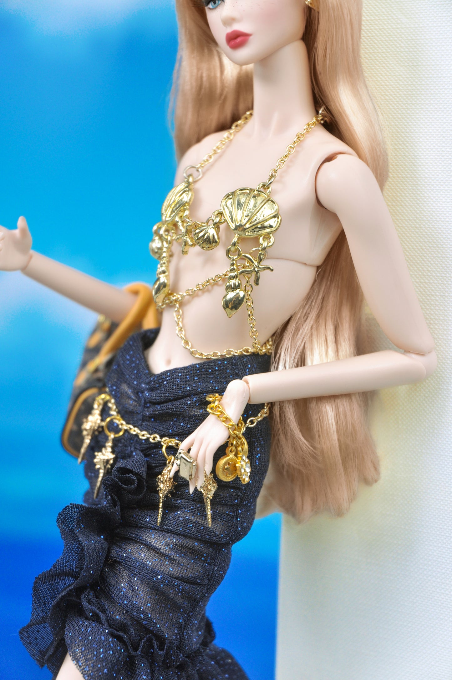 Y2K | Sea-shell bra top with ruched midnight-blue ruched skirt for Fashion Royalty doll clothes