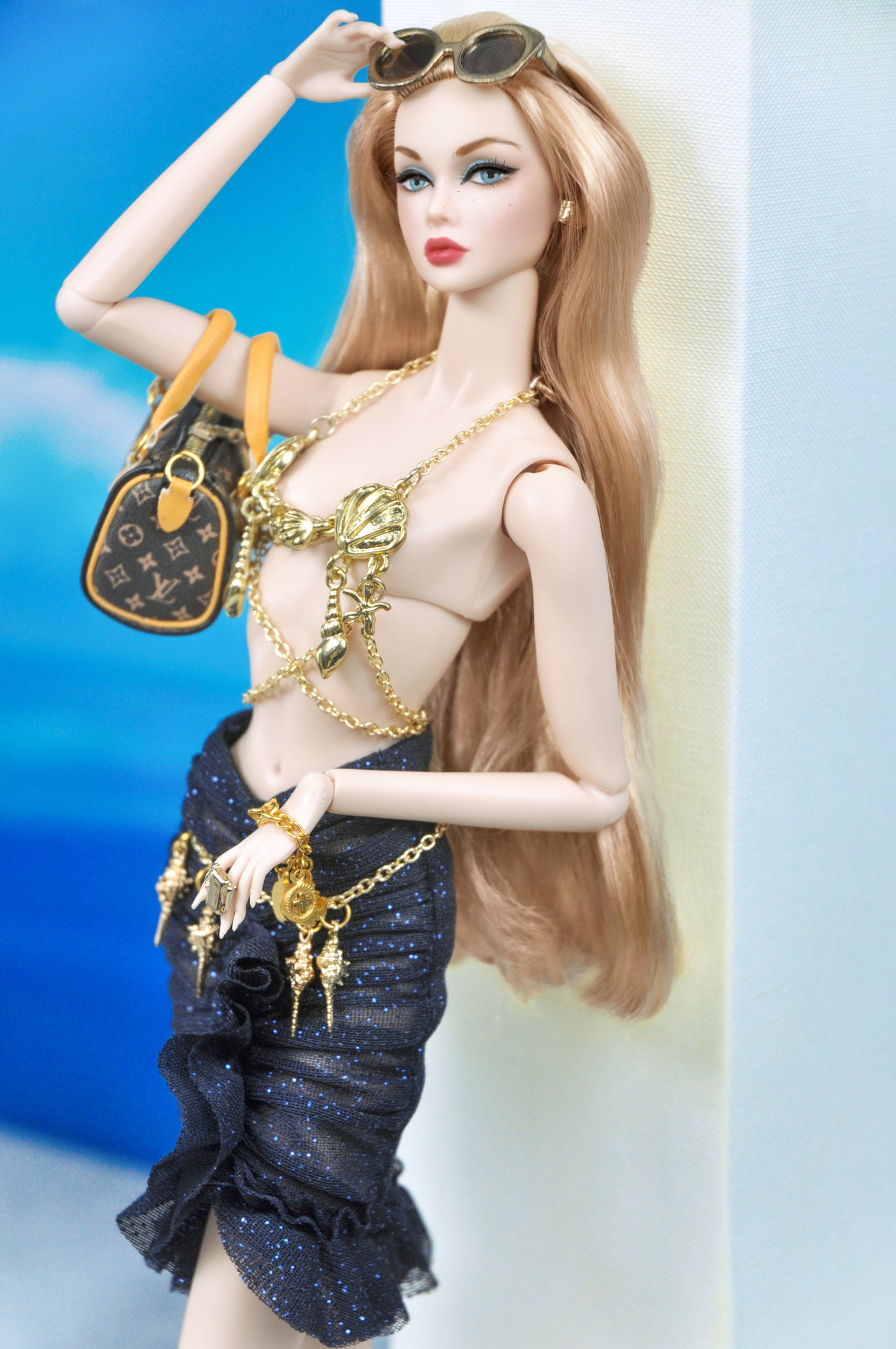 Y2K | Sea-shell bra top with ruched midnight-blue ruched skirt for Fashion Royalty doll clothes