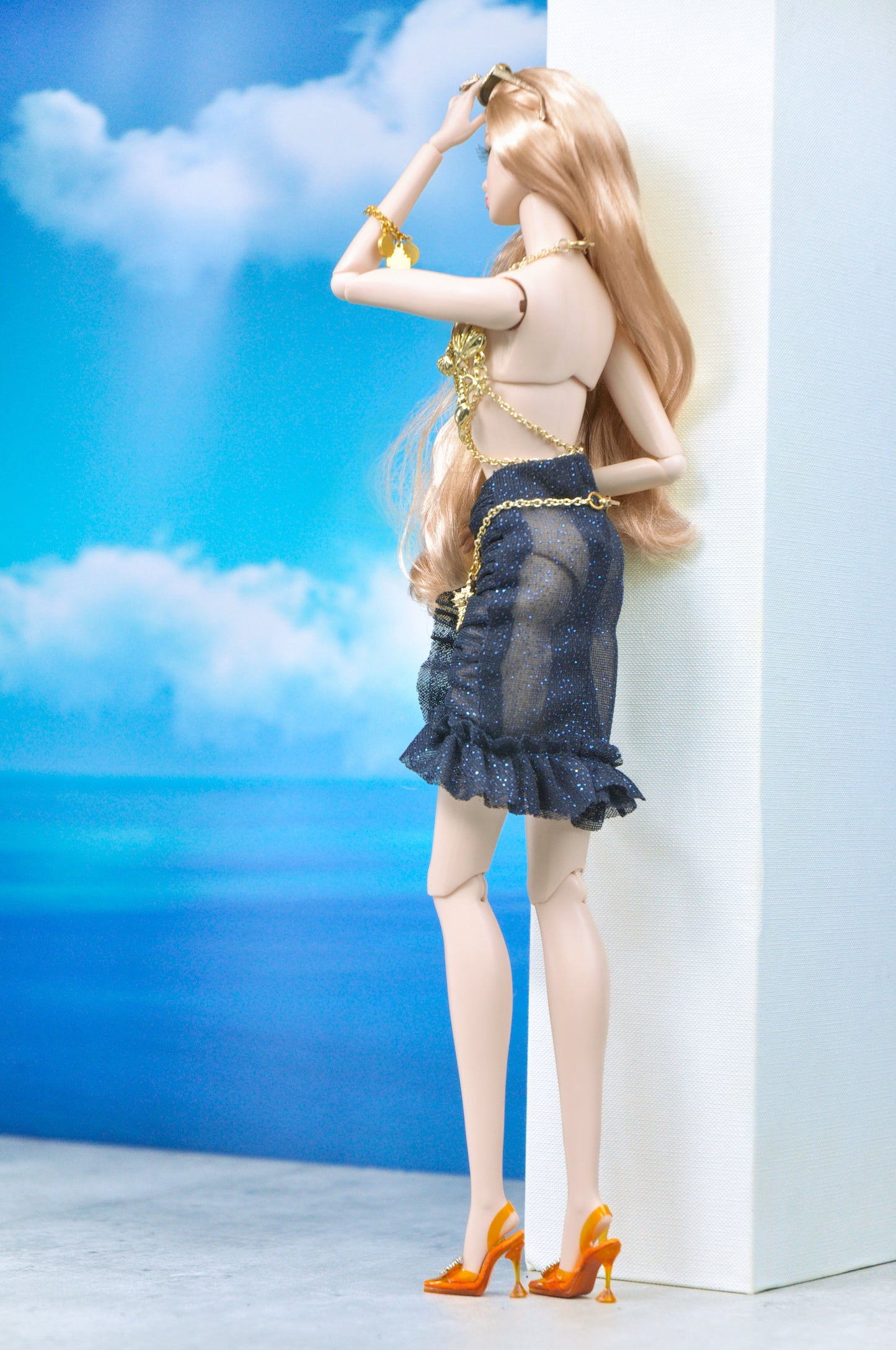 Y2K | Sea-shell bra top with ruched midnight-blue ruched skirt for Fashion Royalty doll clothes