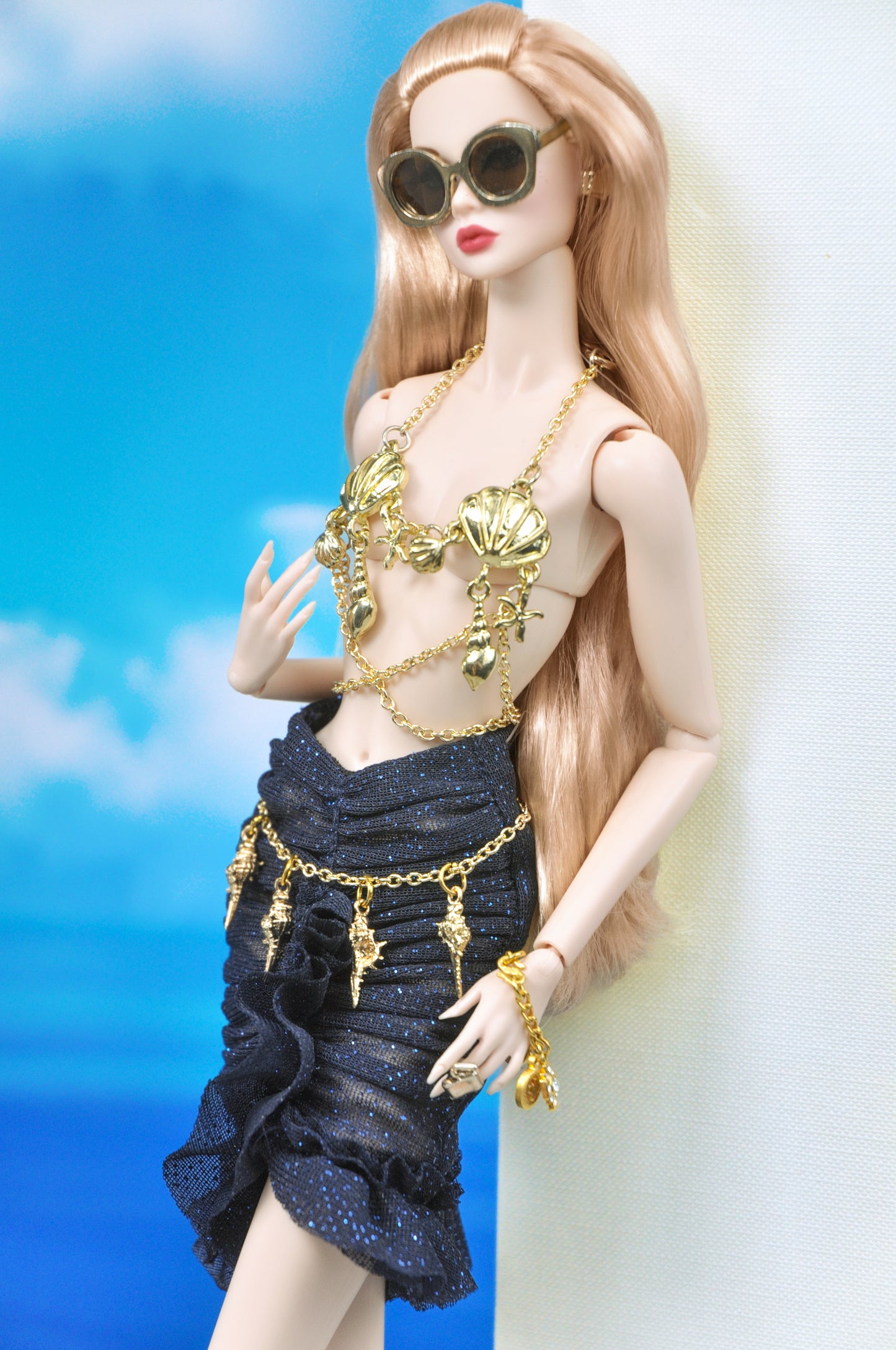 Y2K | Sea-shell bra top with ruched midnight-blue ruched skirt for Fashion Royalty doll clothes