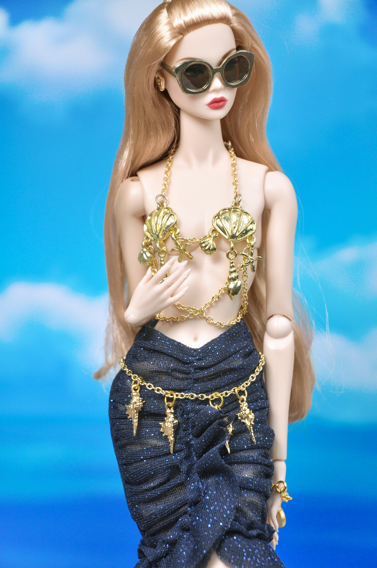 Y2K | Sea-shell bra top with ruched midnight-blue ruched skirt for Fashion Royalty doll clothes