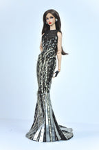 OOAK | Fashion Royalty 6.0 Doll Clothes – Black & Silver Art Deco Beaded Gown with Feather Boa