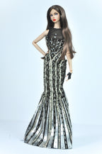 OOAK | Fashion Royalty 6.0 Doll Clothes – Black & Silver Art Deco Beaded Gown with Feather Boa