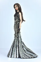 OOAK | Fashion Royalty 6.0 Doll Clothes – Black & Silver Art Deco Beaded Gown with Feather Boa