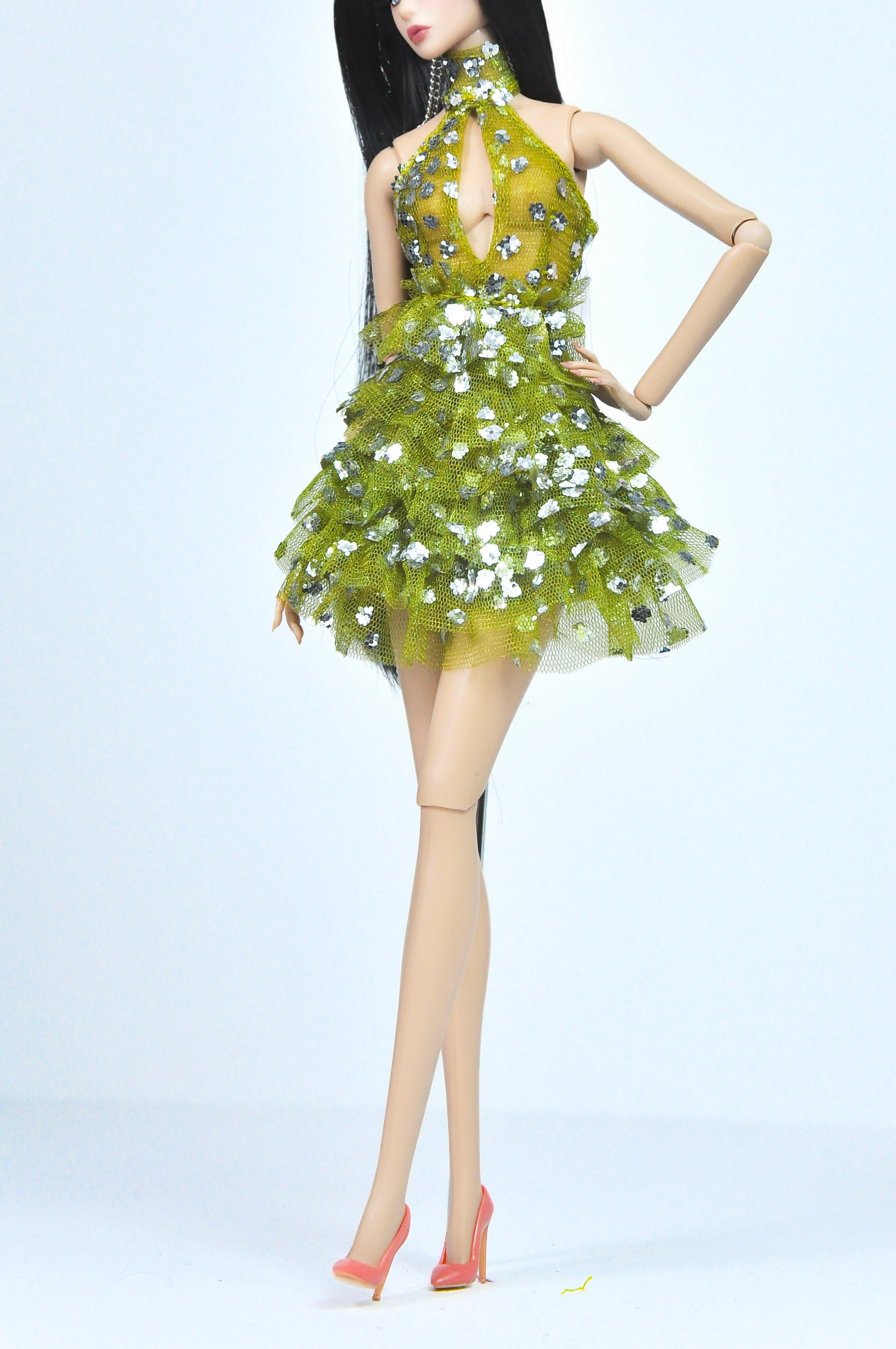 BASIC | Chartreuse Sparkle Mini Dress – 1/6 Fashion doll clothes