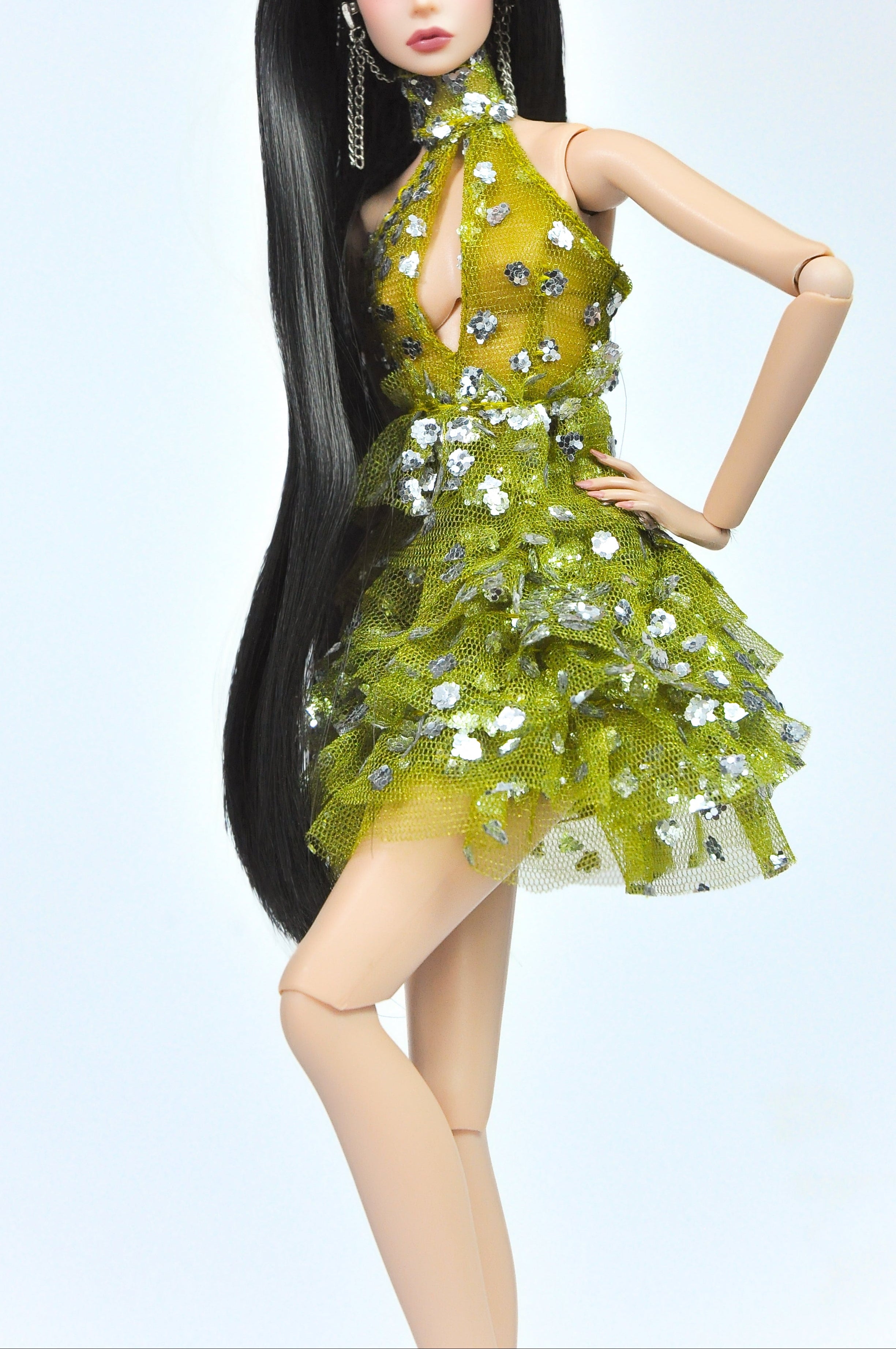 BASIC | Chartreuse Sparkle Mini Dress – 1/6 Fashion doll clothes
