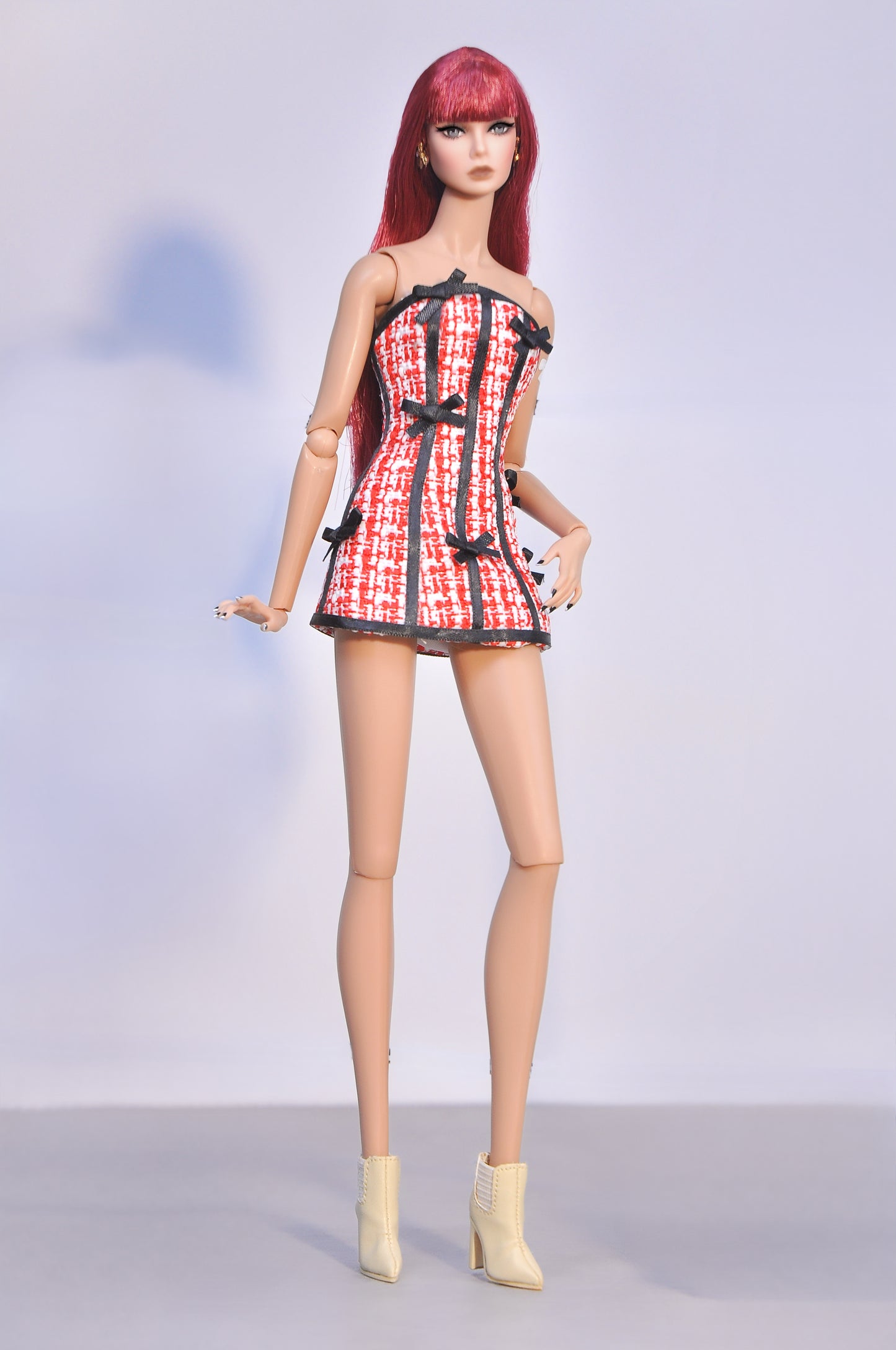 STYLE LAB | Tweed mini bustier dress with black bow decorated for Fashion Royalty & NU Face doll