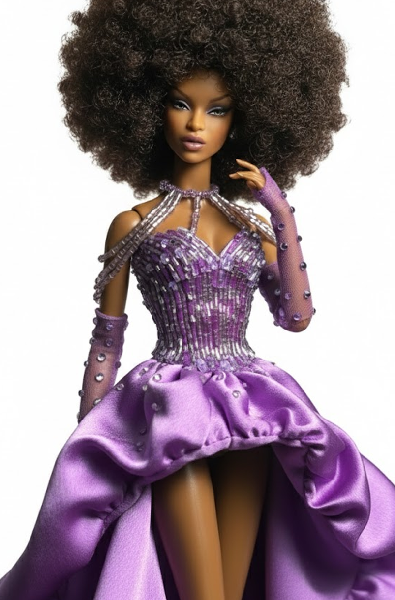 OOAK | Royal Amethyst High-Low Gown with Beaded Corset & Opera Gloves – 1/6 Scale High Fashion Doll Clothes