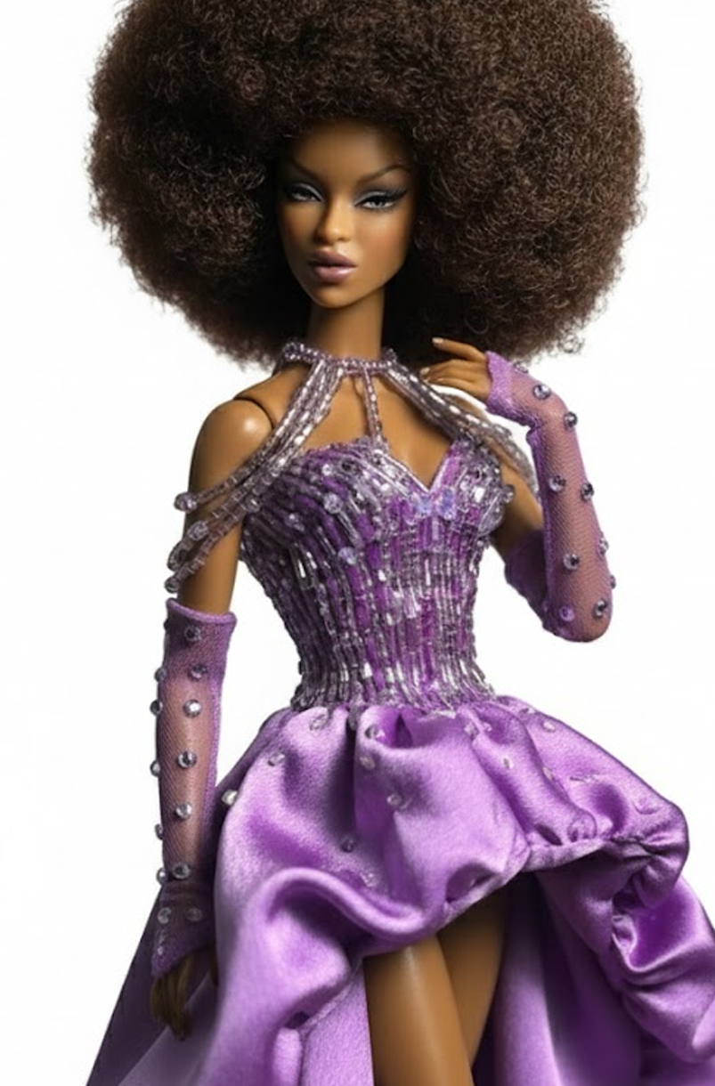 OOAK | Royal Amethyst High-Low Gown with Beaded Corset & Opera Gloves – 1/6 Scale High Fashion Doll Clothes