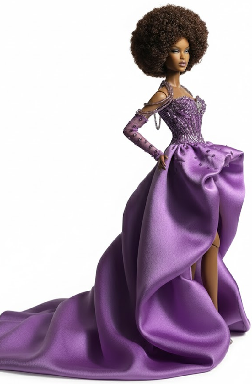 OOAK | Royal Amethyst High-Low Gown with Beaded Corset & Opera Gloves – 1/6 Scale High Fashion Doll Clothes