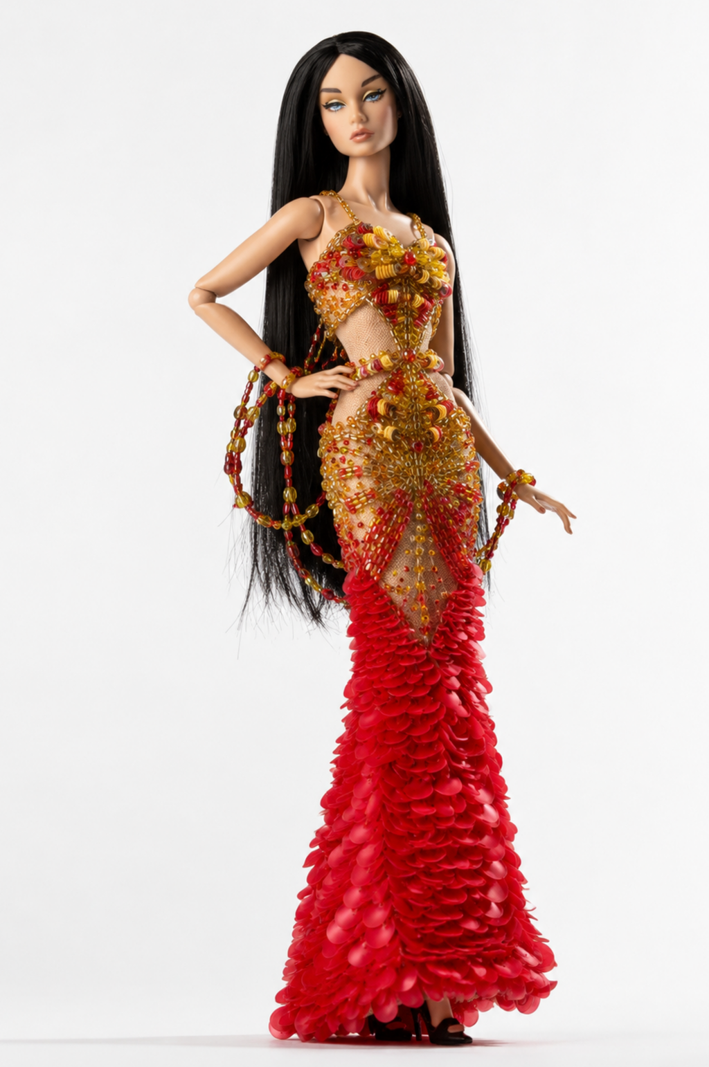 HAUTE | OOAK Red Gold Couture Mermaid Gown for Fashion Royalty Doll Clothes 1/6 Scale Handmade Evening Dress | Plastiktiara
