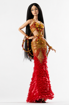 HAUTE | OOAK Red Gold Couture Mermaid Gown for Fashion Royalty Doll Clothes 1/6 Scale Handmade Evening Dress | Plastiktiara