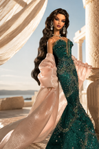 OOAK | Emerald Odyssey Gown & Blush Opera Coat Set – Fashion Royalty 6.0 Doll Clothes | Plastiktiara