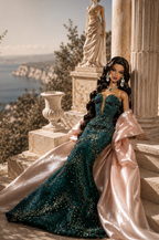 OOAK | Emerald Odyssey Gown & Blush Opera Coat Set – Fashion Royalty 6.0 Doll Clothes | Plastiktiara