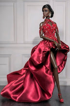 OOAK | Burgundy Couture High-Low Gown for Fashion Royalty 6.0 Dolls – Handmade Evening Dress | Plastiktiara
