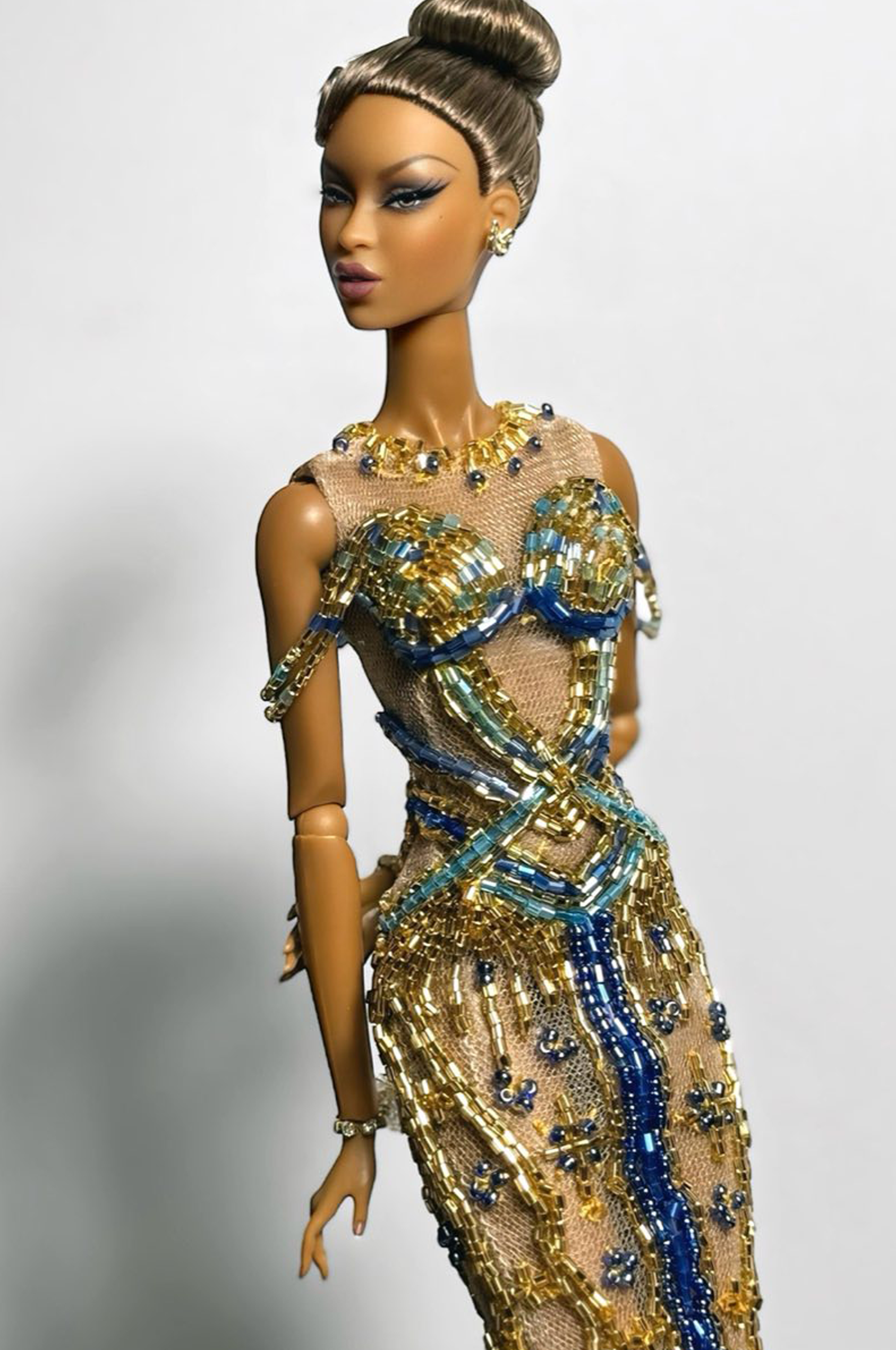 OOAK | Golden Mirage Gown – 1/6 High Fashion doll clothes| Couture Beaded Evening Dress with Feather Hem
