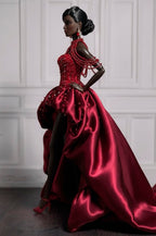 OOAK | Burgundy Couture High-Low Gown for Fashion Royalty 6.0 Dolls – Handmade Evening Dress | Plastiktiara