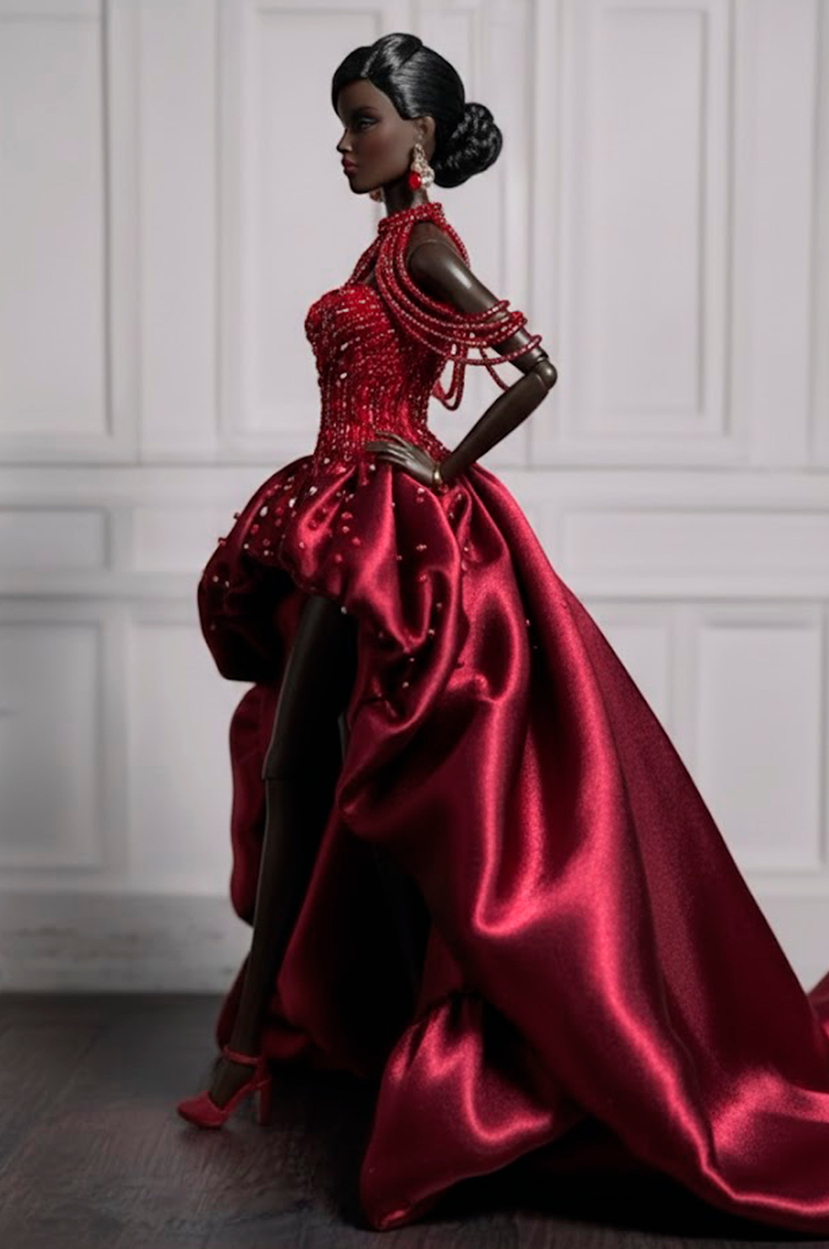 OOAK | Burgundy Couture High-Low Gown for Fashion Royalty 6.0 Dolls – Handmade Evening Dress | Plastiktiara