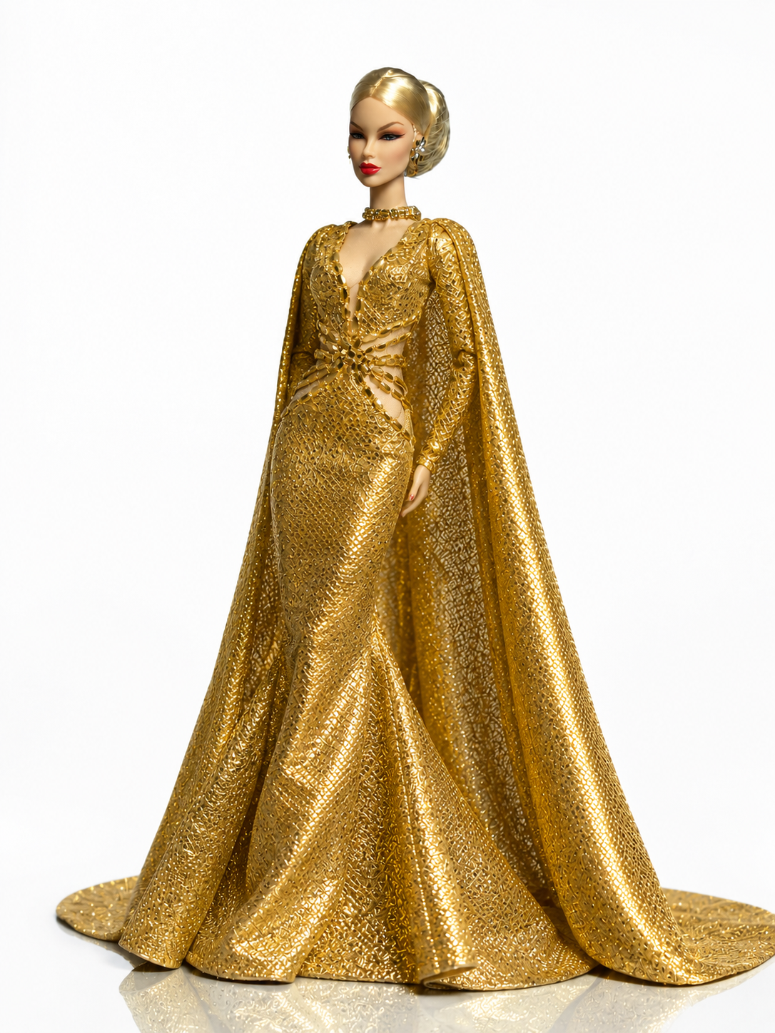 HAUTE | Gold Mermaid Gown for 1/6 Fashion Dolls - Luxury Evening Dress with Dramatic Cape | Plastiktiara