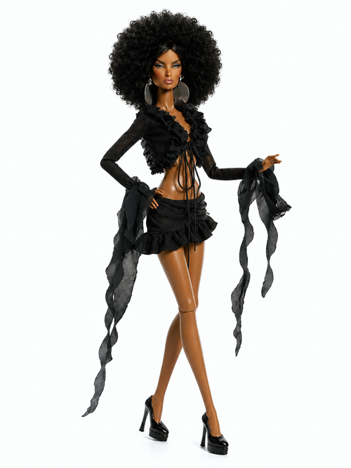 BASIC | Black Ruffle Tie Front Crop Top & Ruched Mini Skirt Set for 1/6 Scale Fashion Dolls | Handmade Couture | Plastiktiara