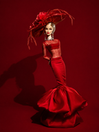 EDEN CHOICE | Red Crystal Desert Mermaid Gown for 1/6 Scale Fashion Royalty & NU FACE Dolls – Handmade Couture Evening Dress with Oversized Statement Hat | Plastiktiara