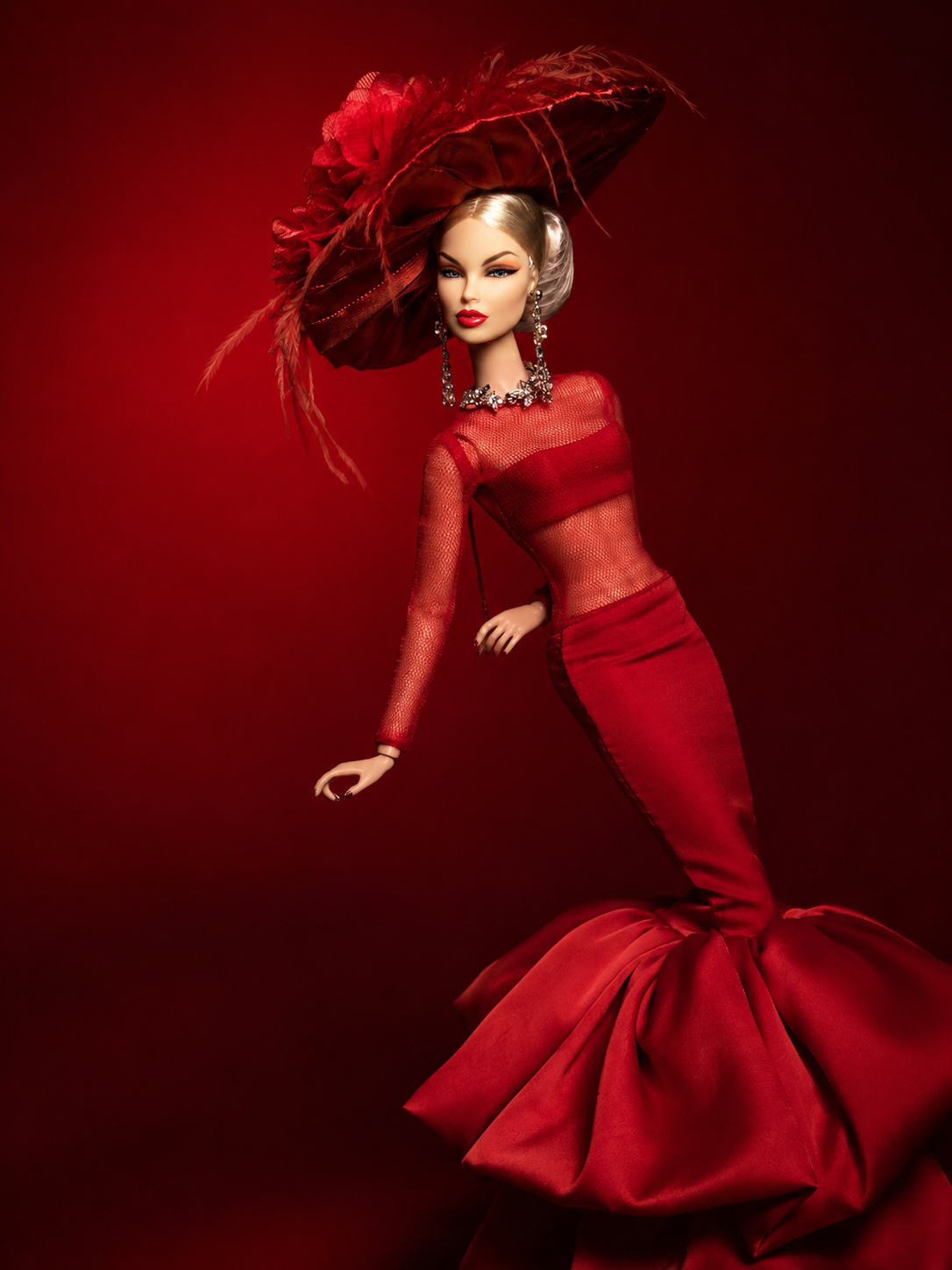 EDEN CHOICE | Red Crystal Desert Mermaid Gown for 1/6 Scale Fashion Royalty & NU FACE Dolls – Handmade Couture Evening Dress with Oversized Statement Hat | Plastiktiara