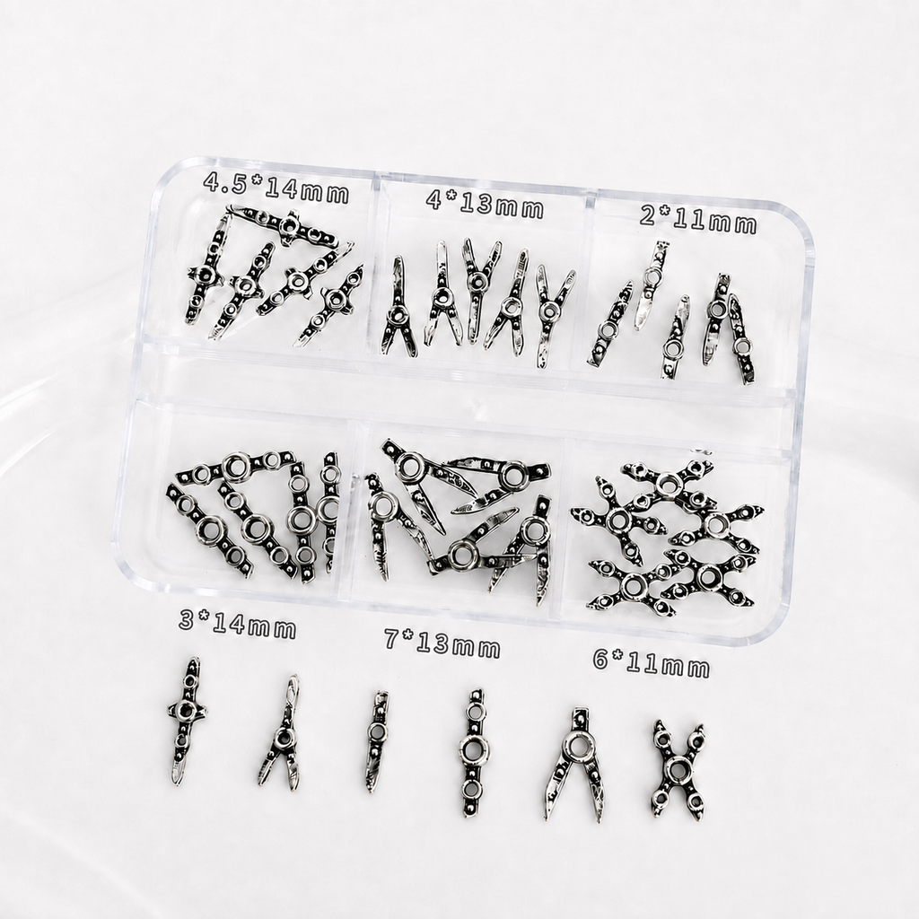 DIY | Mini Safety Pin Charms Set with Organizer Box, Rhinestone Jewelry Findings, Gold Silver Gunmetal Charms, Doll Clothes Accessories | Plastiktiara