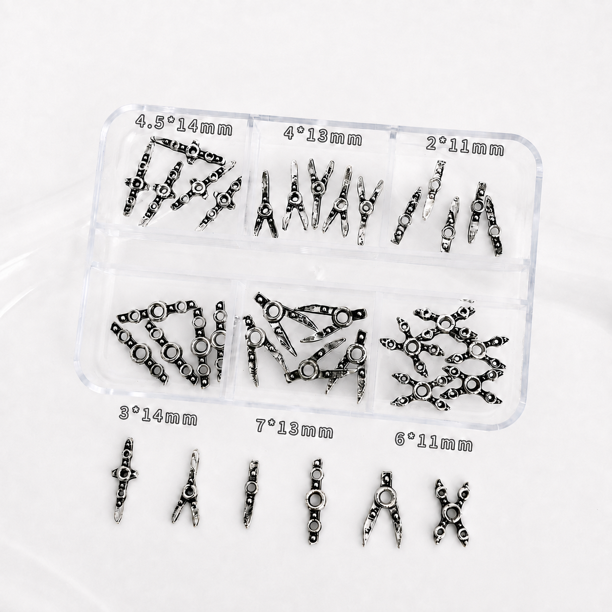 DIY | Mini Safety Pin Charms Set with Organizer Box, Rhinestone Jewelry Findings, Gold Silver Gunmetal Charms, Doll Clothes Accessories | Plastiktiara