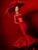 EDEN CHOICE | Red Crystal Desert Mermaid Gown for 1/6 Scale Fashion Royalty & NU FACE Dolls – Handmade Couture Evening Dress with Oversized Statement Hat | Plastiktiara