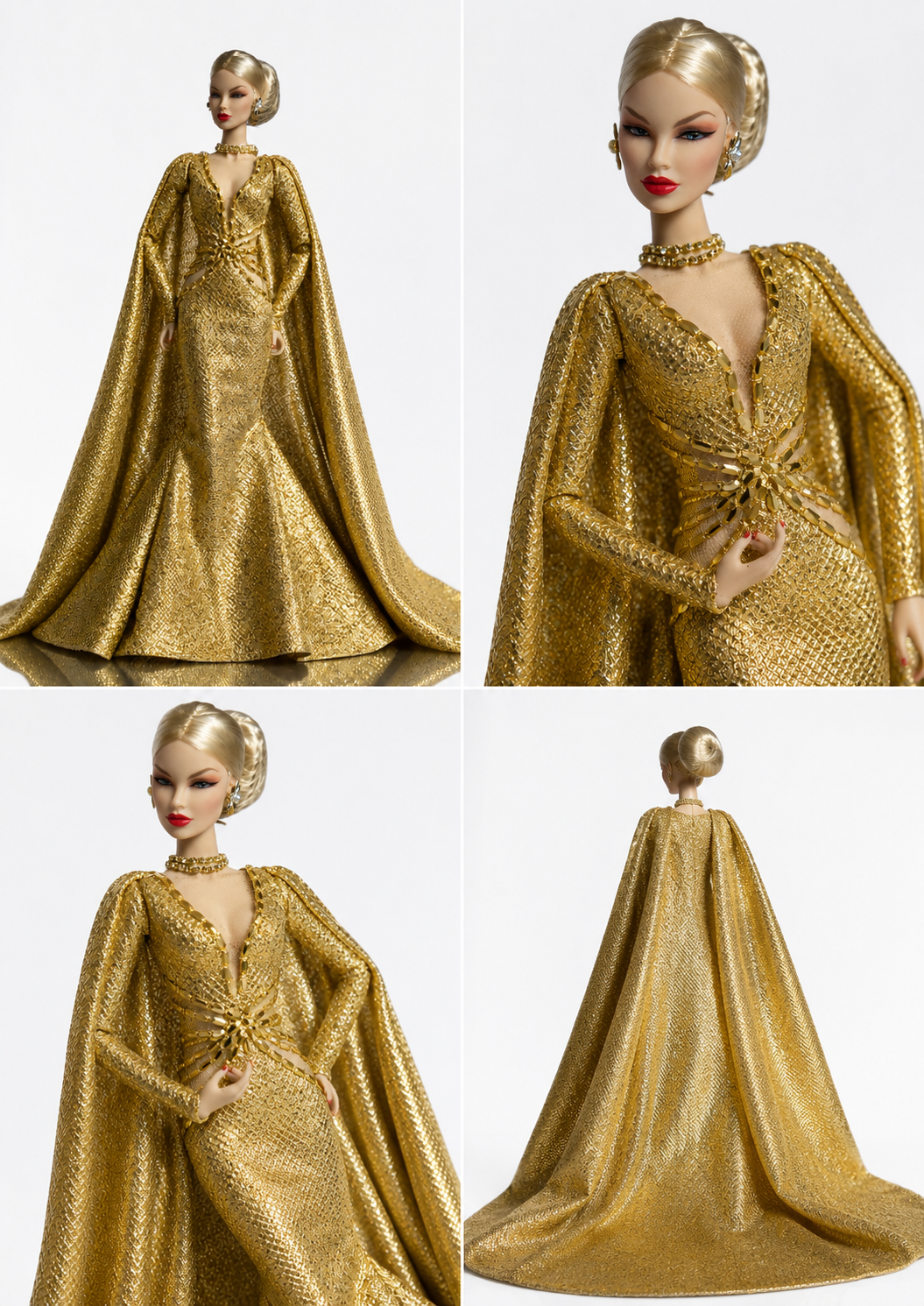 HAUTE | Gold Mermaid Gown for 1/6 Fashion Dolls - Luxury Evening Dress with Dramatic Cape | Plastiktiara