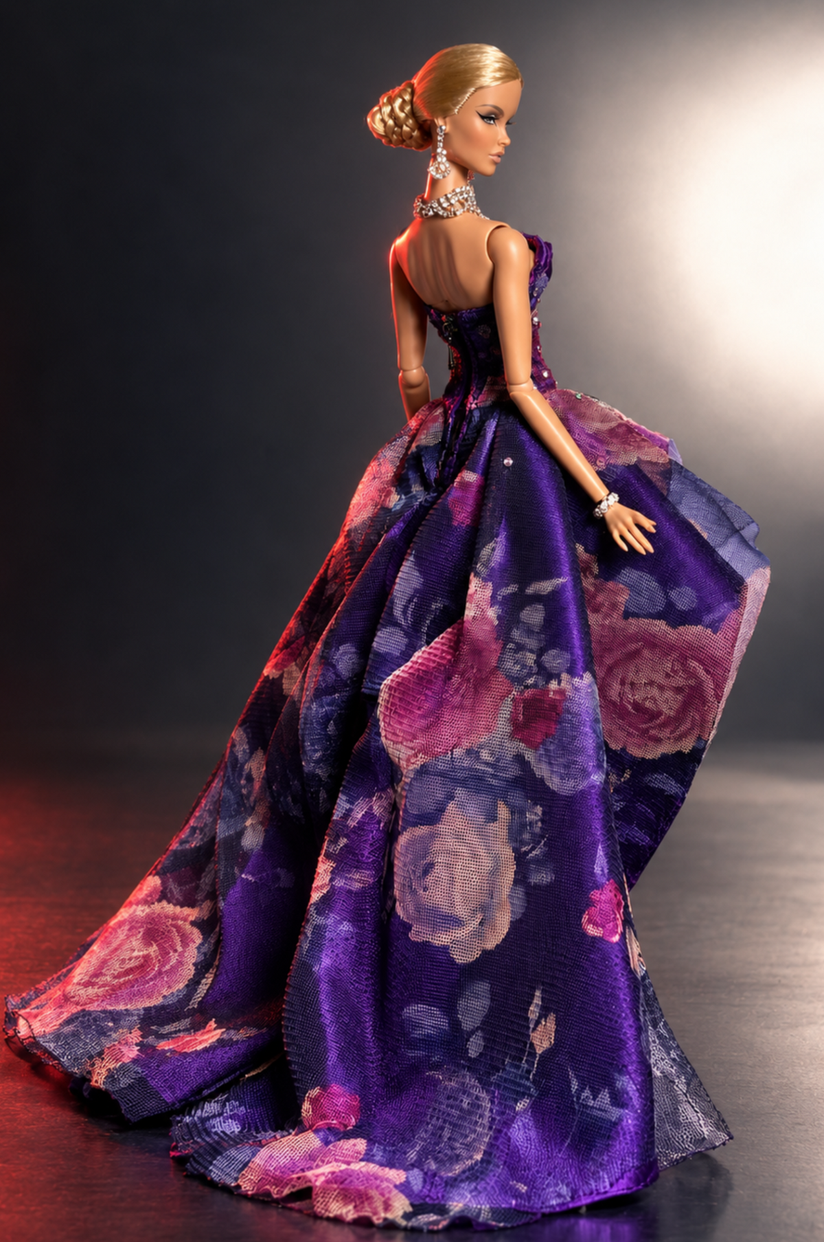 Rear three-quarter view of the HAUTE purple floral doll gown and sweeping train