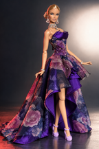 HAUTE purple floral high-low 1:6 doll gown by Plastiktiara, full-length front three-quarter view