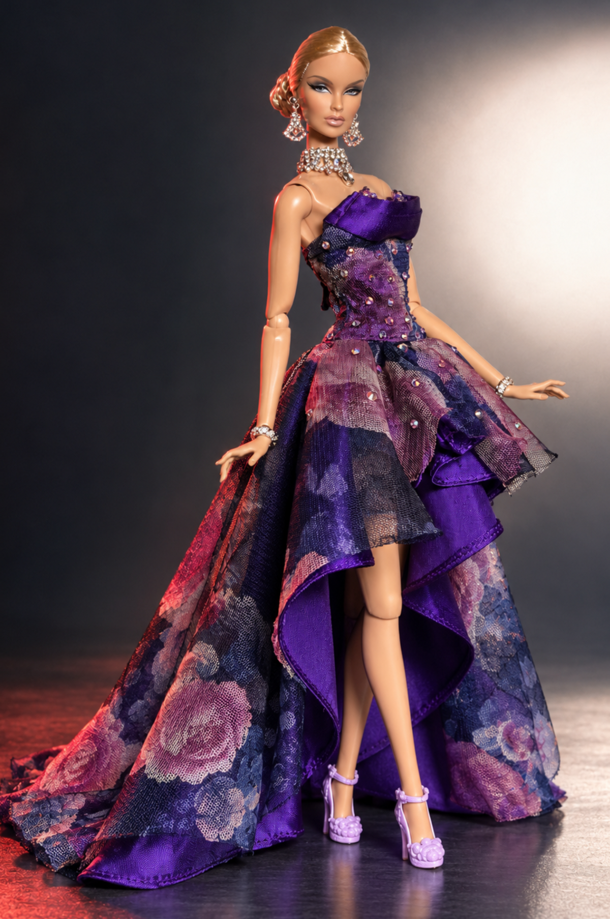 HAUTE purple floral high-low 1:6 doll gown by Plastiktiara, full-length front three-quarter view
