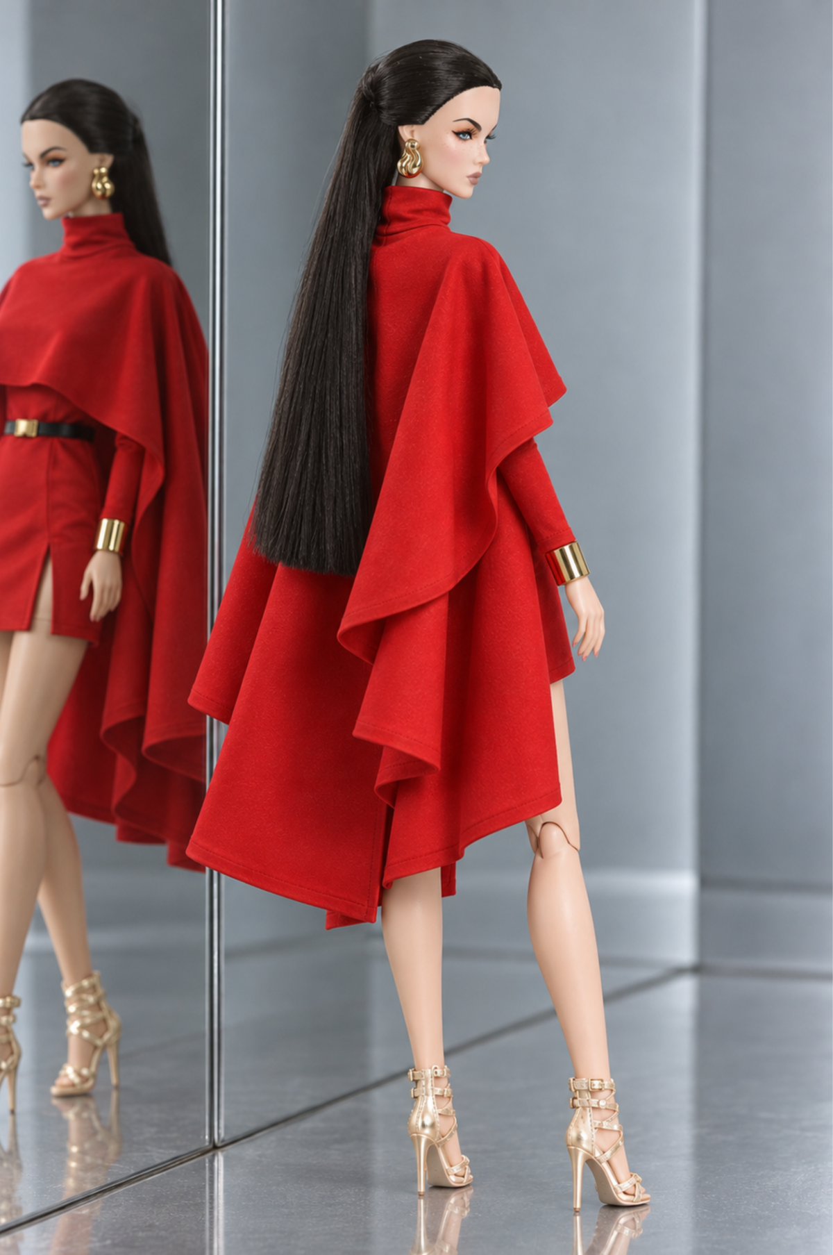 Rear three-quarter view of the red LE SALON cape dress, showing the longer cape panels falling over the fitted mini dress.