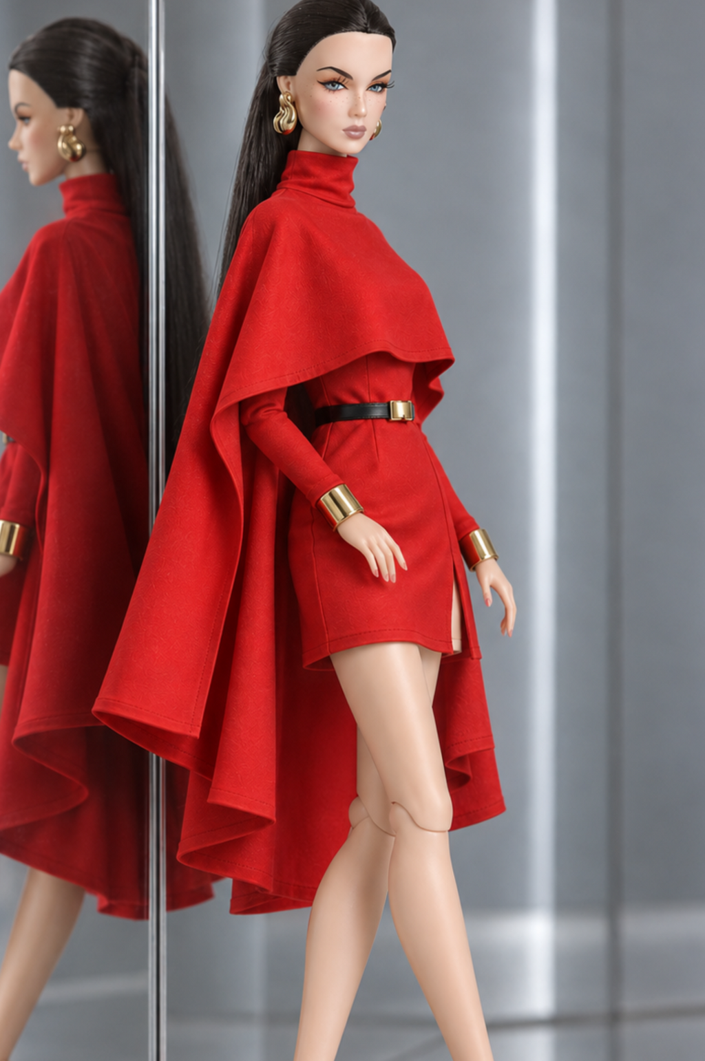 Three-quarter view of LE SALON No. 01, showing the short red skirt, long sleeves and draped cape panels.