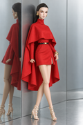 Front view of LE SALON No. 01 red high-neck cape mini dress on a 1:6 fashion doll in a mirrored studio.