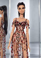 Plastiktiara — Front detail of the fitted nude-tone foundation and red, black, white and silver beadwork