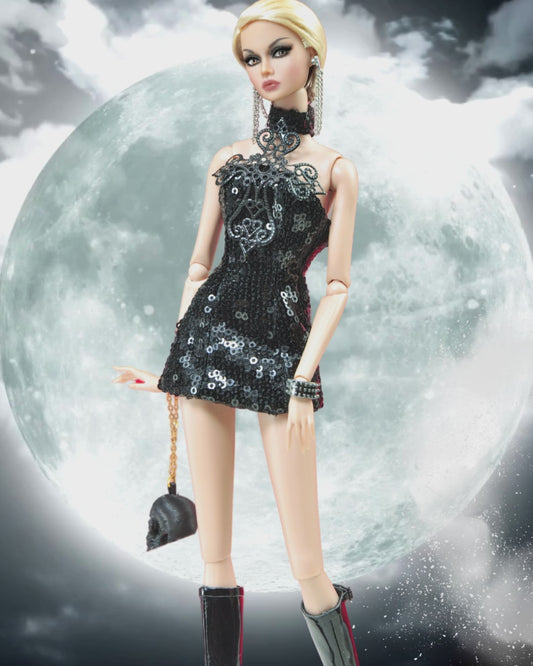 HALLOWEEN NIGHT | Sequins black dress with gothic decoration for Fashion Royalty & NU FACE doll