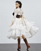 Brown corset back lacing and white tiered lace skirt