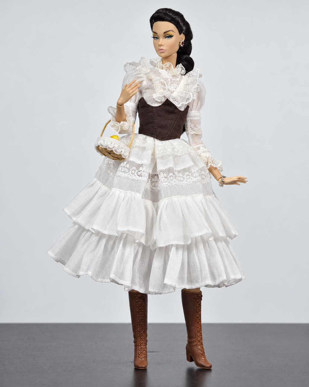 White lace dress, brown corset and wicker basket