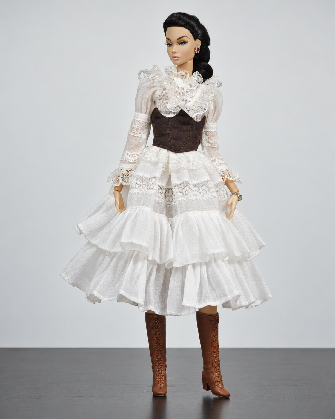 White lace dress with separate brown underbust corset