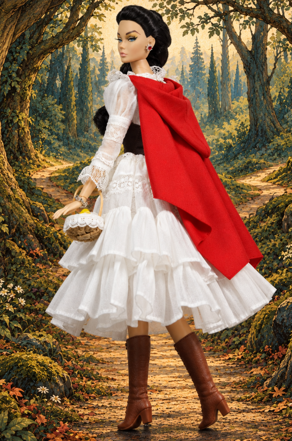 Back view of Red Riding Hood red hooded cape