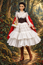 Front view of Red Riding Hood Playbox white lace dress, brown corset and red cape