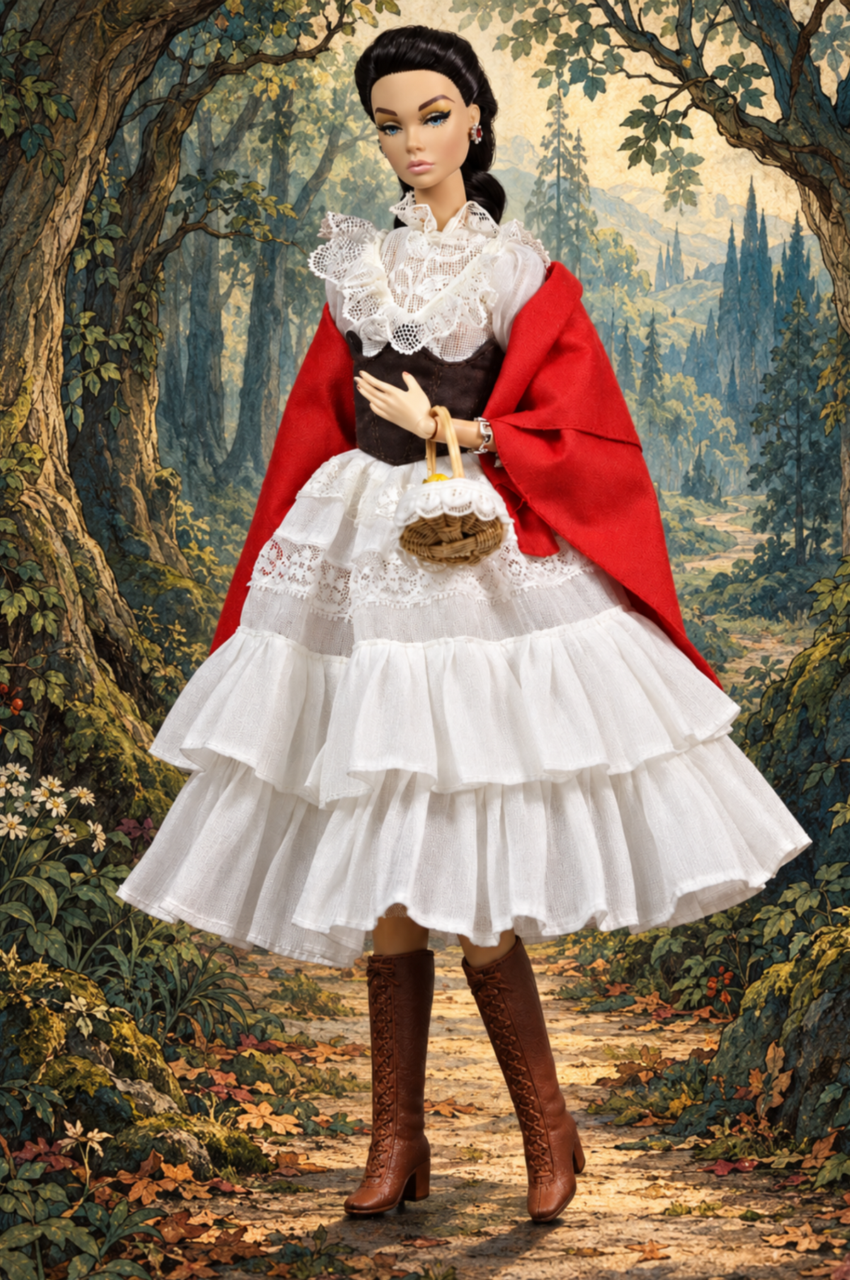 Red Riding Hood Playbox with red cape, white lace dress and brown corset in a fairy-tale forest